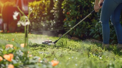 woman gardener using string lawn trimmer : Generative AI