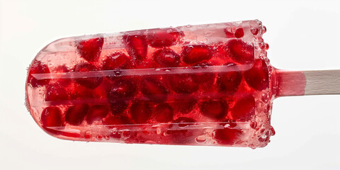 Lush pomegranate lemonade ice pop, a closeup of lush pomegranate lemonade ice pop, its vivid red and icy texture highlighted against a white backdrop