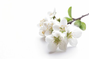 Obraz premium Delicate White Flowers Blossoming on a Branch with Copy Space on White Background for Text and Design Inspiration