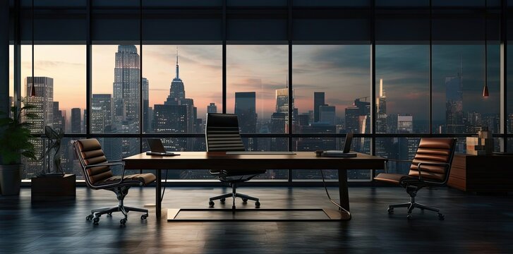 zoom office background images featuring a black chair and brown chair on a shiny floor, with a large window and glass window in the background a green plant adds a touch of nature to the