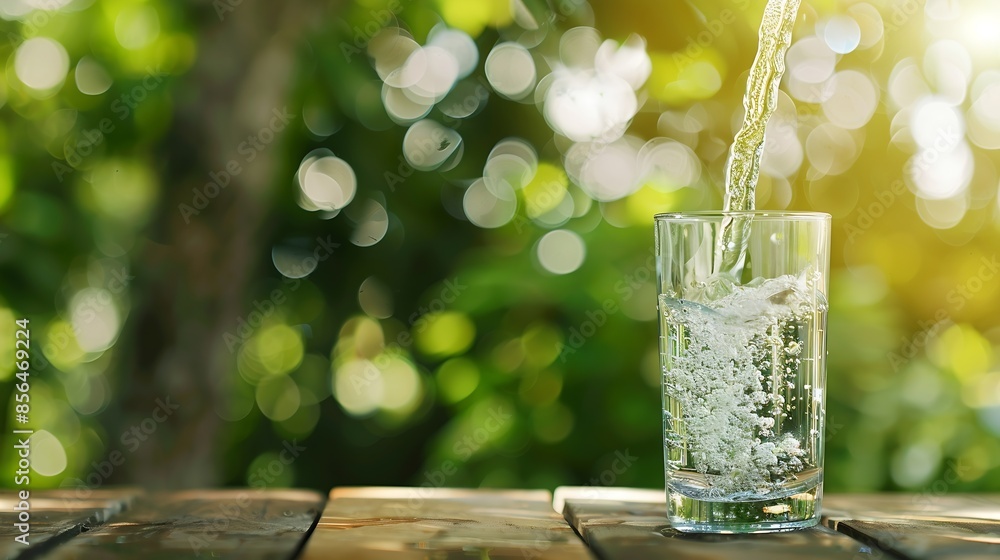 Poster Pouring drinking water into glass on wooden table on blurred green nature bokeh background : Generative AI