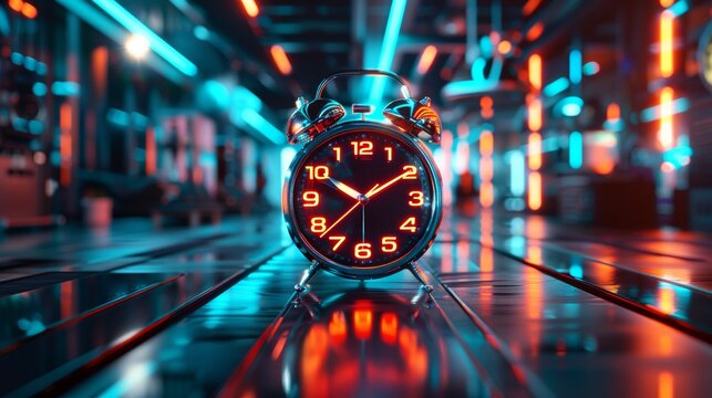 Vintage Alarm Clock in Neon Futuristic Setting with Reflections