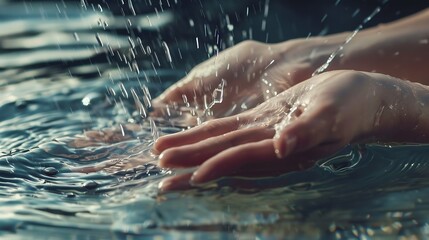 Fototapeta premium Womans hands feeling and touching water : Generative AI