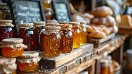 Fototapeta premium Rustic Market Stall with Fresh Honey and Baked Goods in Warm, Cozy Atmosphere