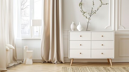 Modern light white beige commode with stylish decoration standing on wooden heated floor empty dwelling with contemporary interior design Apartment for rent Advertising of cozy home fo : Generative AI