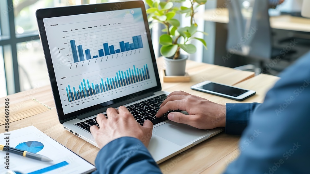 Aufkleber seo digital and businessman with laptop in an office for analysis email or work on technology websit