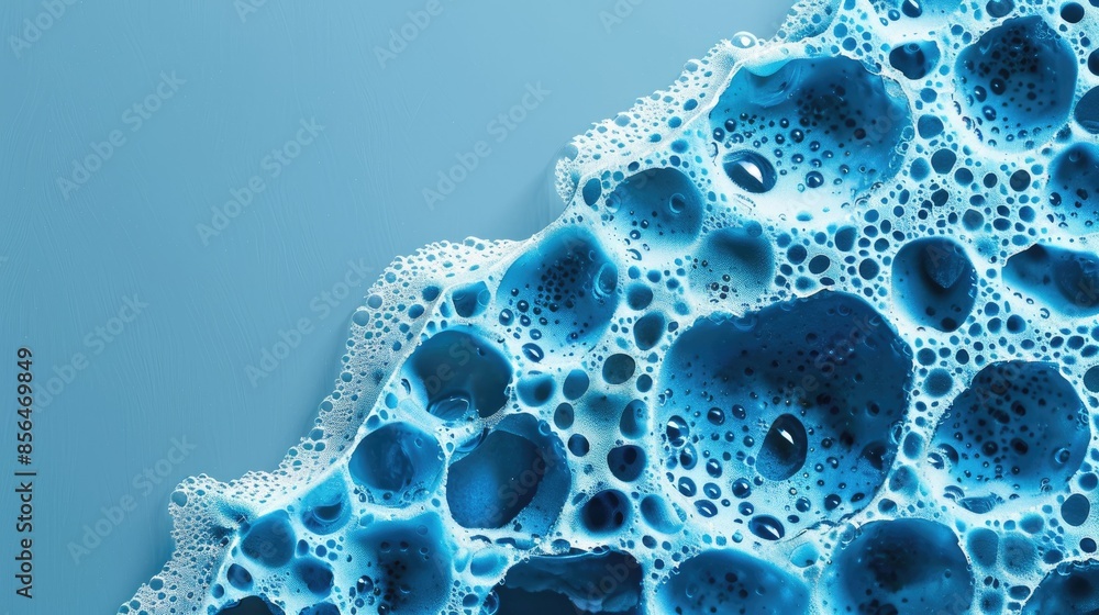 Poster blue macro sponge with porous texture for background with space for text