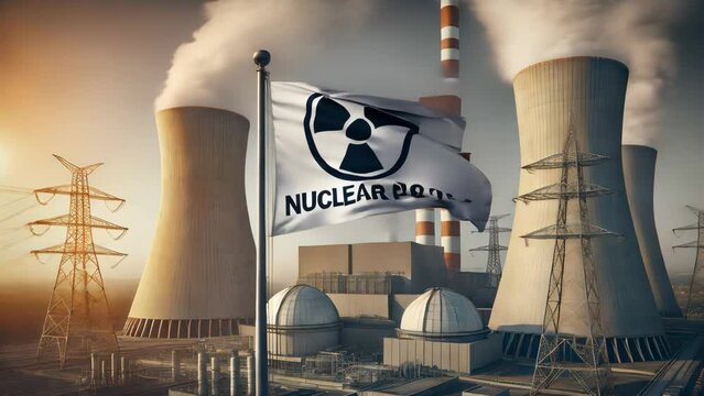 Nuclear Power Plant With Radioactive Symbol Flag Waving