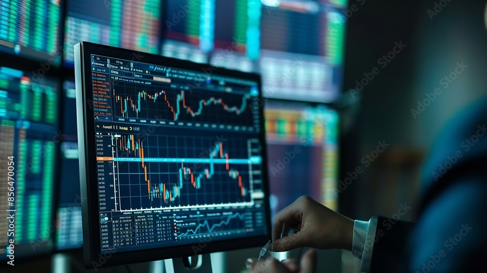 Poster computer screen stock market and business person reading typing or work on ipo equity trade analytic