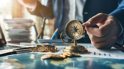 Business growth purpose and direction for business development Businessman with compass navigator and market research strategy and planning for business solution finance and investment : Generative AI