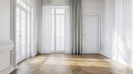 Interior of empty living room with large bright window and curtains by closed door in modern apartment with white walls and hardwood floor : Generative AI