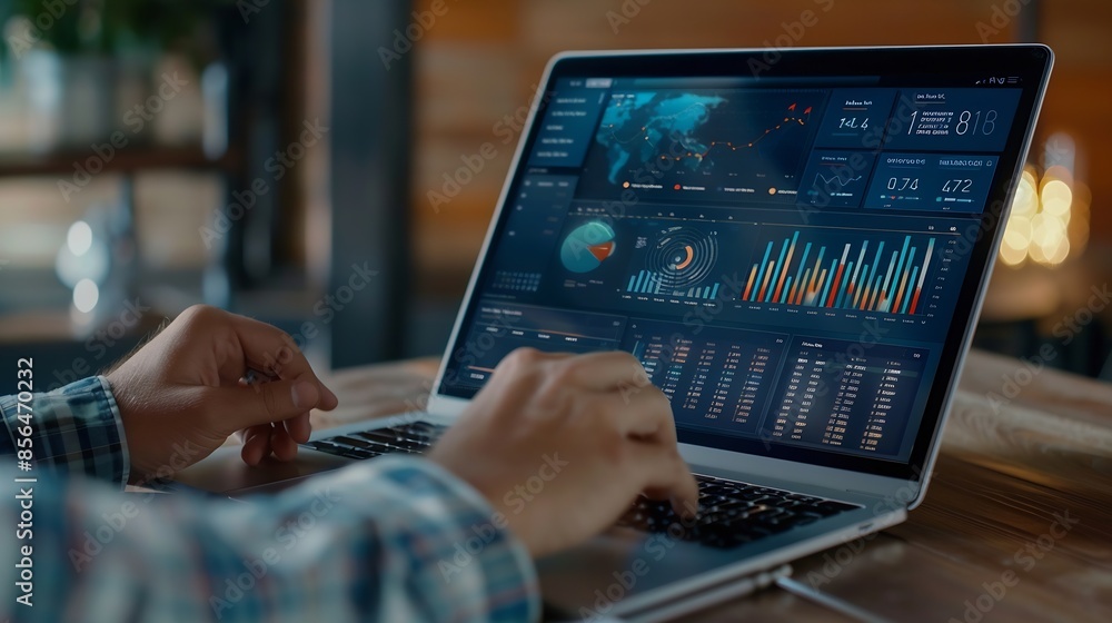 Poster businessman works on laptop showing 2024 business trends dashboard with charts metrics ai ecommerce 