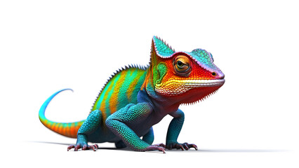 Obraz premium A colorful lizard with a blue head and green body stands on a white background