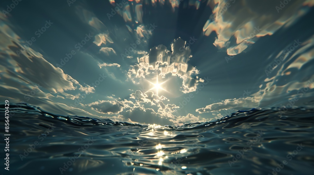 Aufkleber Underwater view looking up through the surface of the water at the sun and clouds with water ripples and texture : Generative AI