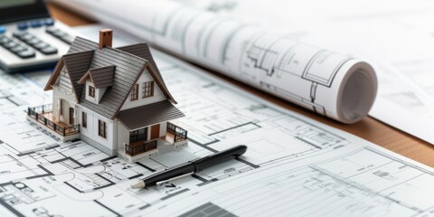 house model on the top of blueprints, calculator