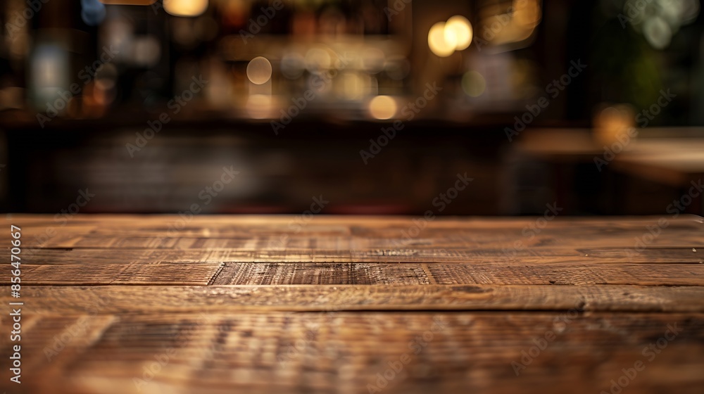 Poster wooden board empty table background abstract blurred cafe background : generative ai