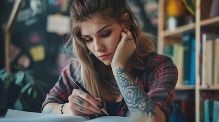 pensive young female student gesturing with pen in hands during online lesson education at home tattoo translation sugarfree or no sugar : Generative AI