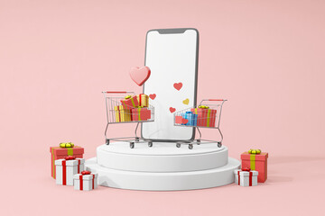 3D Render of Online Shopping Technology: Smartphone on Circular Base with Decorated Shopping Cart, Gift Boxes and Heart Icon on Pink Background
