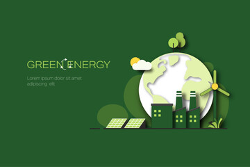 Green industry. Green Energy Concept. Sustainable renewable energy sources. Environmental, Social, and Corporate Governance concept. Paper Art Style. Minimal Vector illustration.