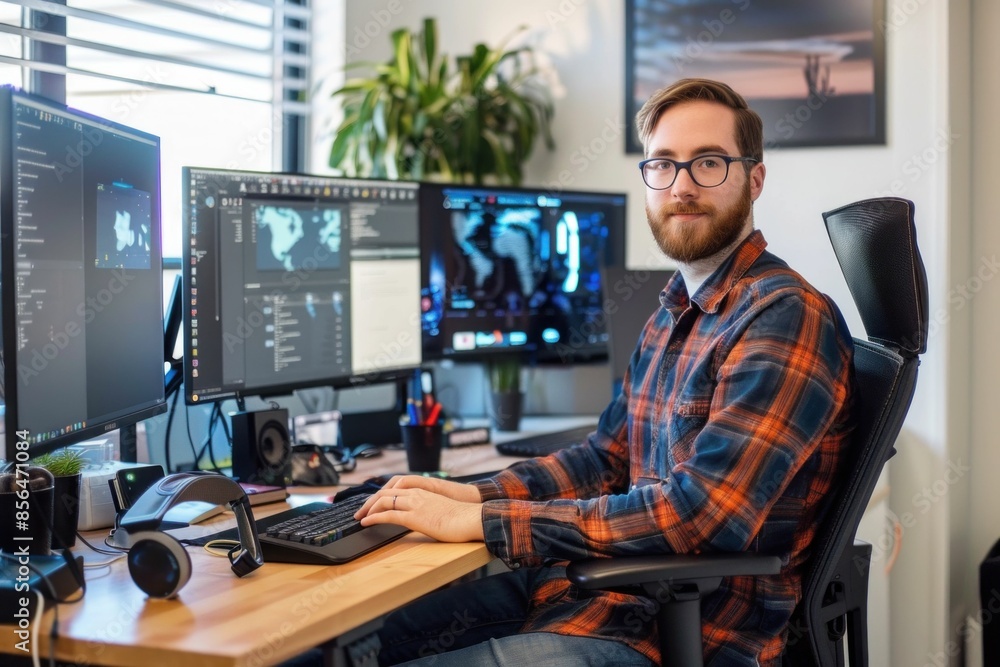 Aufkleber busy entrepreneur working at desk with multiple computer monitors for business analysis and strategy