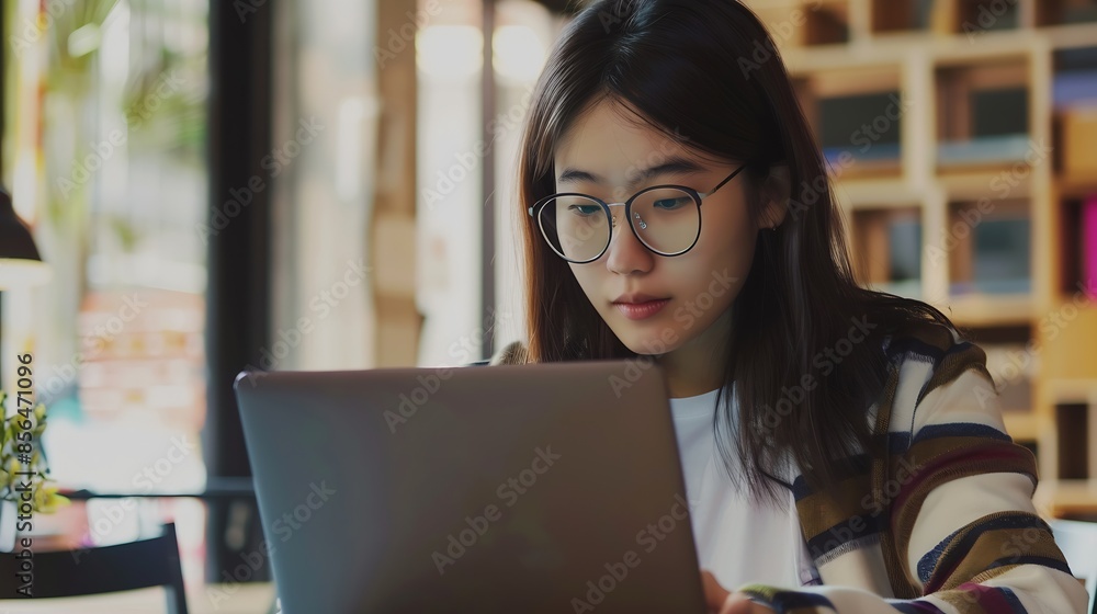 Poster young woman with learning language during online courses using netbook  elearning education concept learning online with webinar video tutorial internet lessons : Generative AI