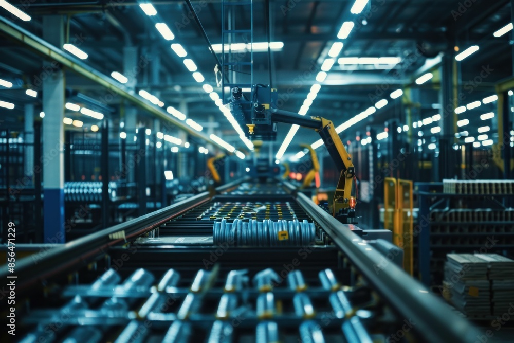 Poster automated production line with conveyor belt in industrial factory setting for manufacturing and bus
