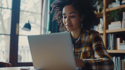 Fototapeta premium A cheerful interracial woman is writing down in a textbook while following a webinar on the laptop from home A course attendee is following an online educational lecture on a laptop fr : Generative AI