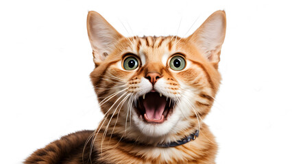A shocked cat with a yellow collar white background transparent