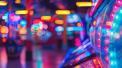 The neon lights and bright colors of the arcade together in the soft focus creating a vibrant illusion. - Powered by Adobe