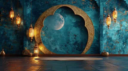 Islamic decoration background with crescent moon, lantern cartoon style, ramadan kareem, eid al fitr, copy space text area, 3D illustration, banner, 
