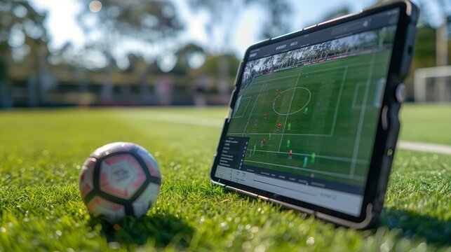 Soccer Training: Ball and Tablet on Sunny Field in High-Tech Sports Session