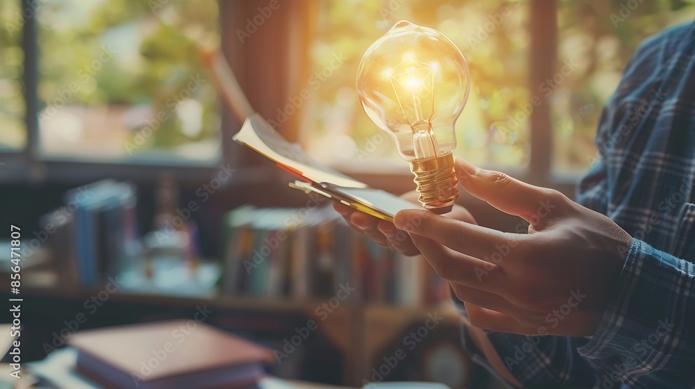 Poster Man hand holding lightbulb with learning educate and graduation concept study knowledge to creative thinking idea and problem solving solution Elearning online education course degree  : Generative AI