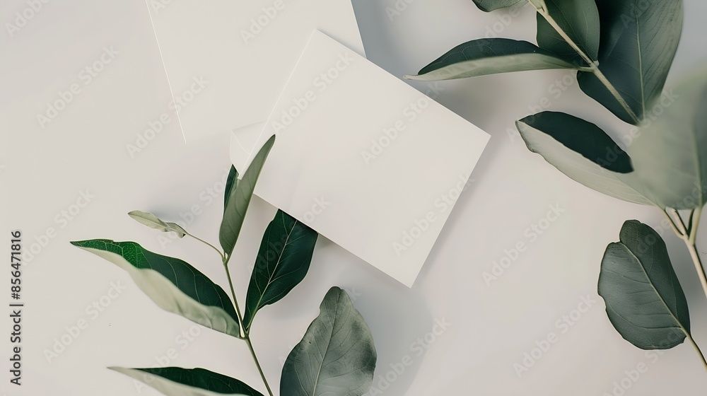 Poster flat lay two business cards mockup and natural elements for corporate presentation : generative ai