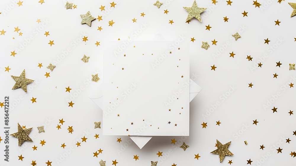 Poster white blank paper square card mockup and golden various sizes stars confetti on white christmas back