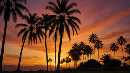 A stunning California sunset with rows of palm trees silhouetted against the vibrant sky in Santa Barbara, USA