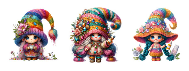 Fototapeta premium Three colorful gnomes with hats and long hair sit in a row. The gnomes are wearing colorful clothing and have a whimsical