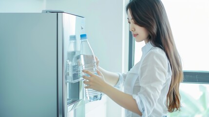 Woman filling plastic bottle with filtered water from cooler near white wall : Generative AI