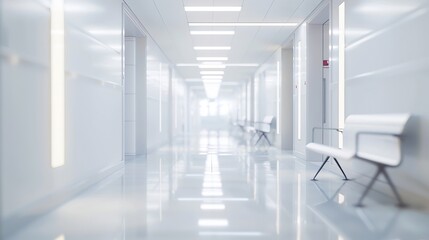blurred of background interior of a modern hospital with an empty long corridor waiting room for patients and families between the corridor with bright white lights treatment rooms and : Generative AI