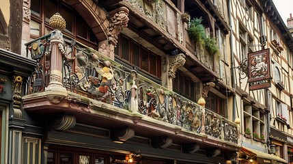Fototapeta premium facade of the cafe in the French style The medieval exterior Wroughtiron balconies Tourist attraction : Generative AI