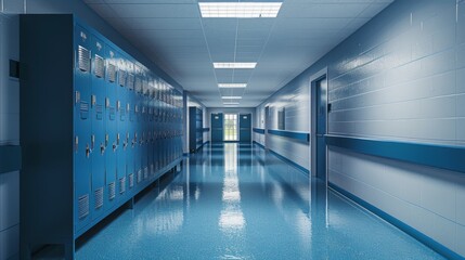 Bright Modern School Hallway with Lockers, Generative AI