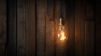 Image of a glowing light bulb hanging against a dark wooden wall.