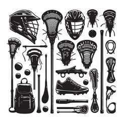 silhouette set of lacrosse equipment set. lacrosse player, sport.vector illustration.