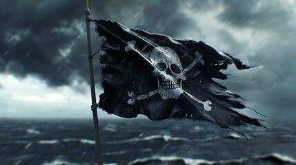 Tattered pirate flag with skull and crossbones against a stormy sky.