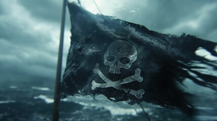 Tattered pirate flag with skull and crossbones against a stormy sky.