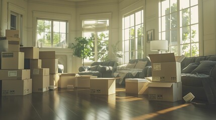 Fototapeta premium Cardboard boxes and furniture in a sunlit room during a move.