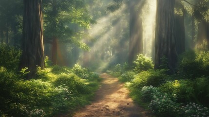 Obraz premium Pathway through dense forest with sunlight streaming through the trees.