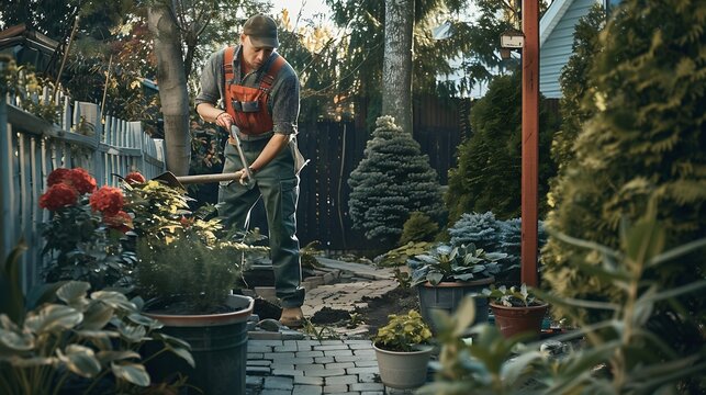 Caucasian Landscaping Worker in His 40s Building Backyard Garden Granite Bricks Path Residential Landscaping Industry : Generative AI