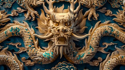 Fototapeta premium Golden Dragon Carving Generative AI