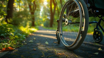 Wheelchair on a Serene Sunlit Forest Pathway During Morning