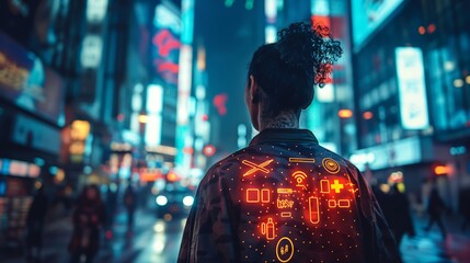 Obraz premium Futuristic Cyber City: Neon Dreamscape with Digital Tech Enthusiast Exploring